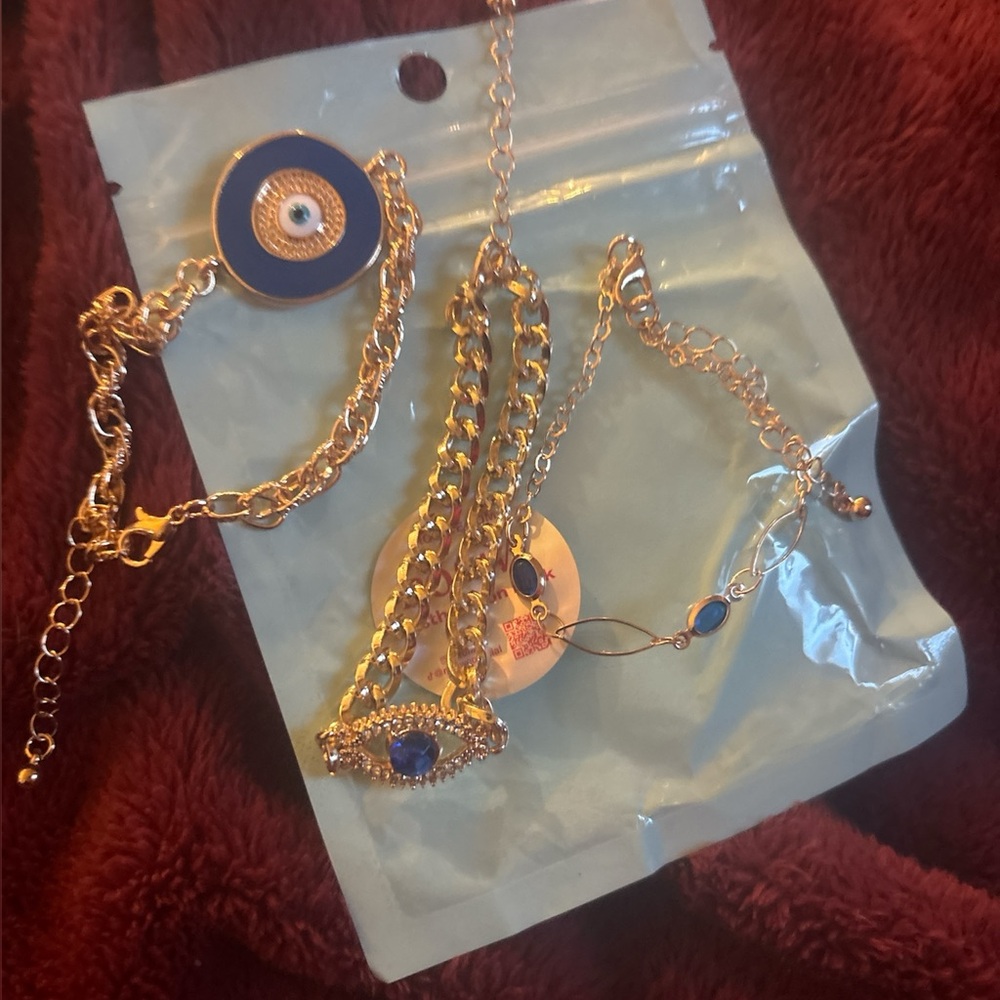 ROMWE Gold and Blue Bracelet Set with Eye Charm